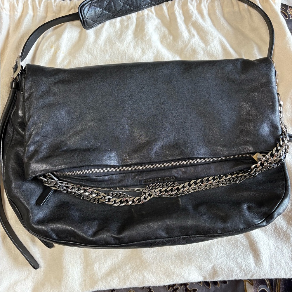 Jimmy Choo Black Leather Shoulder Bag with Chain Detail